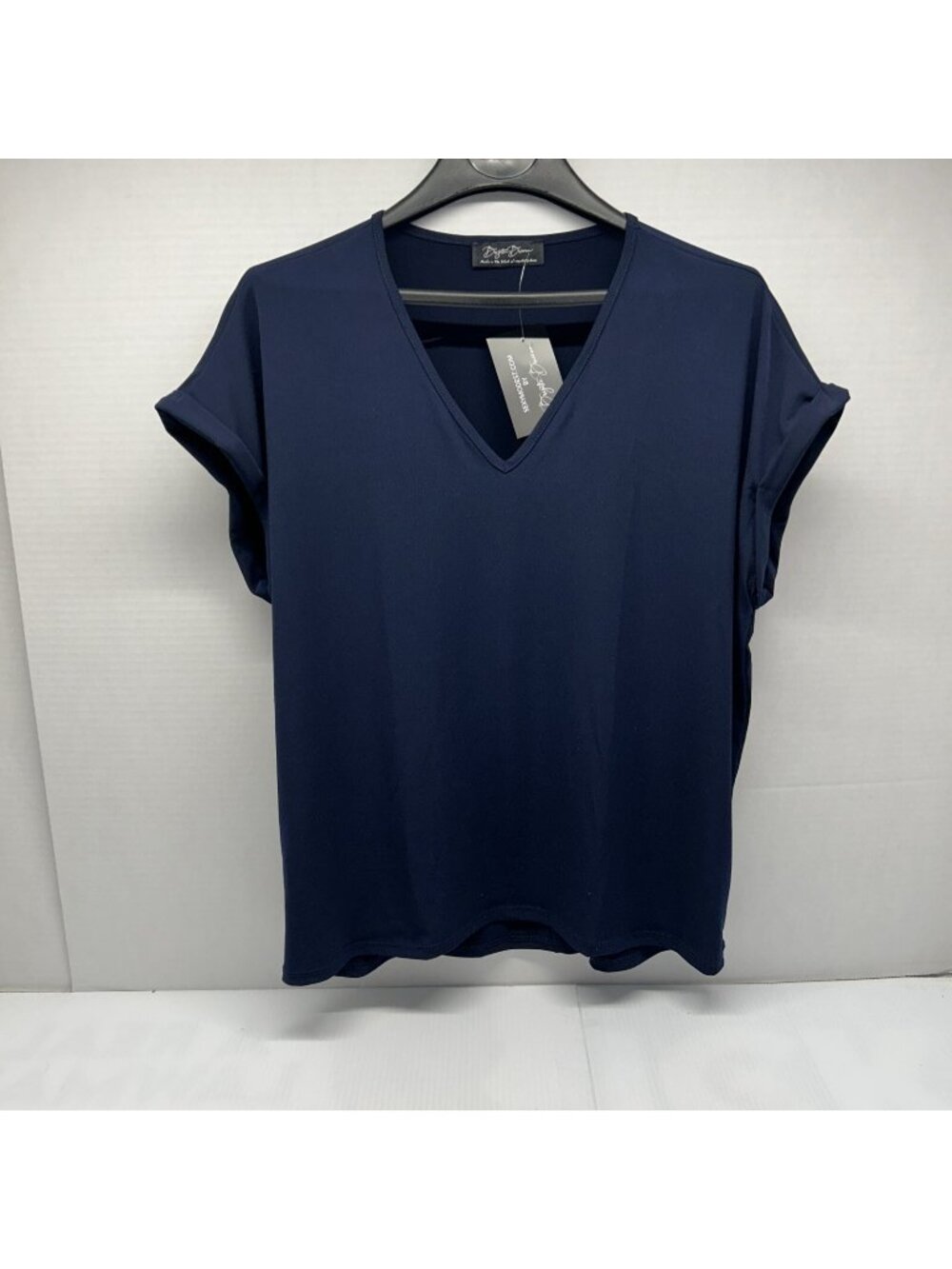 Brigitte Brianna Sexy Modest Blouse Tee Navy Short Sleeve SZ Large NEW